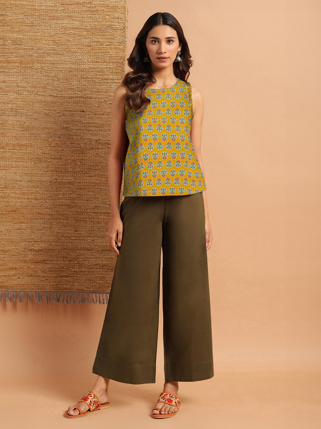 Janasya Dark Cotton Floral Straight Top