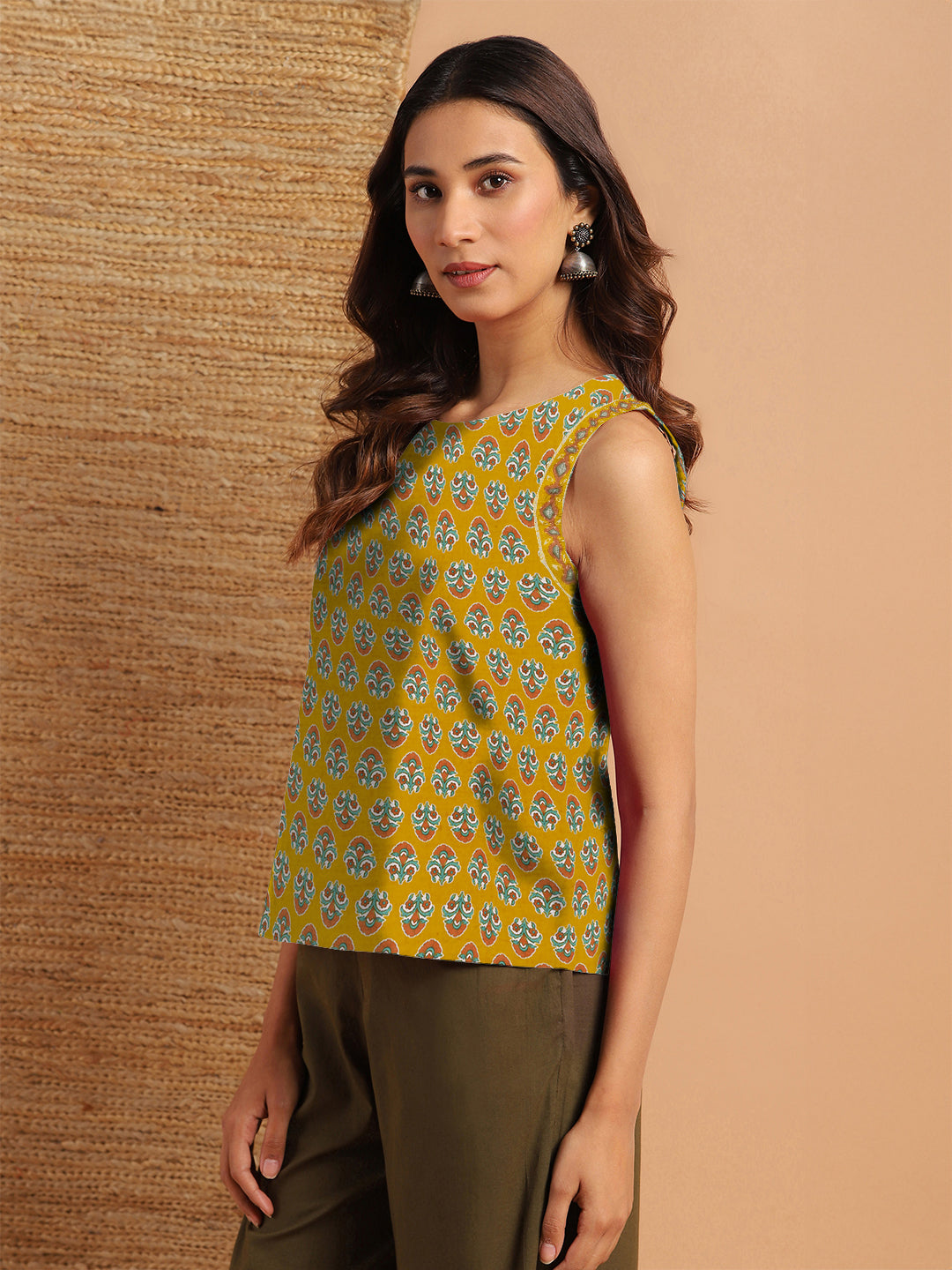 Janasya Dark Cotton Floral Straight Top