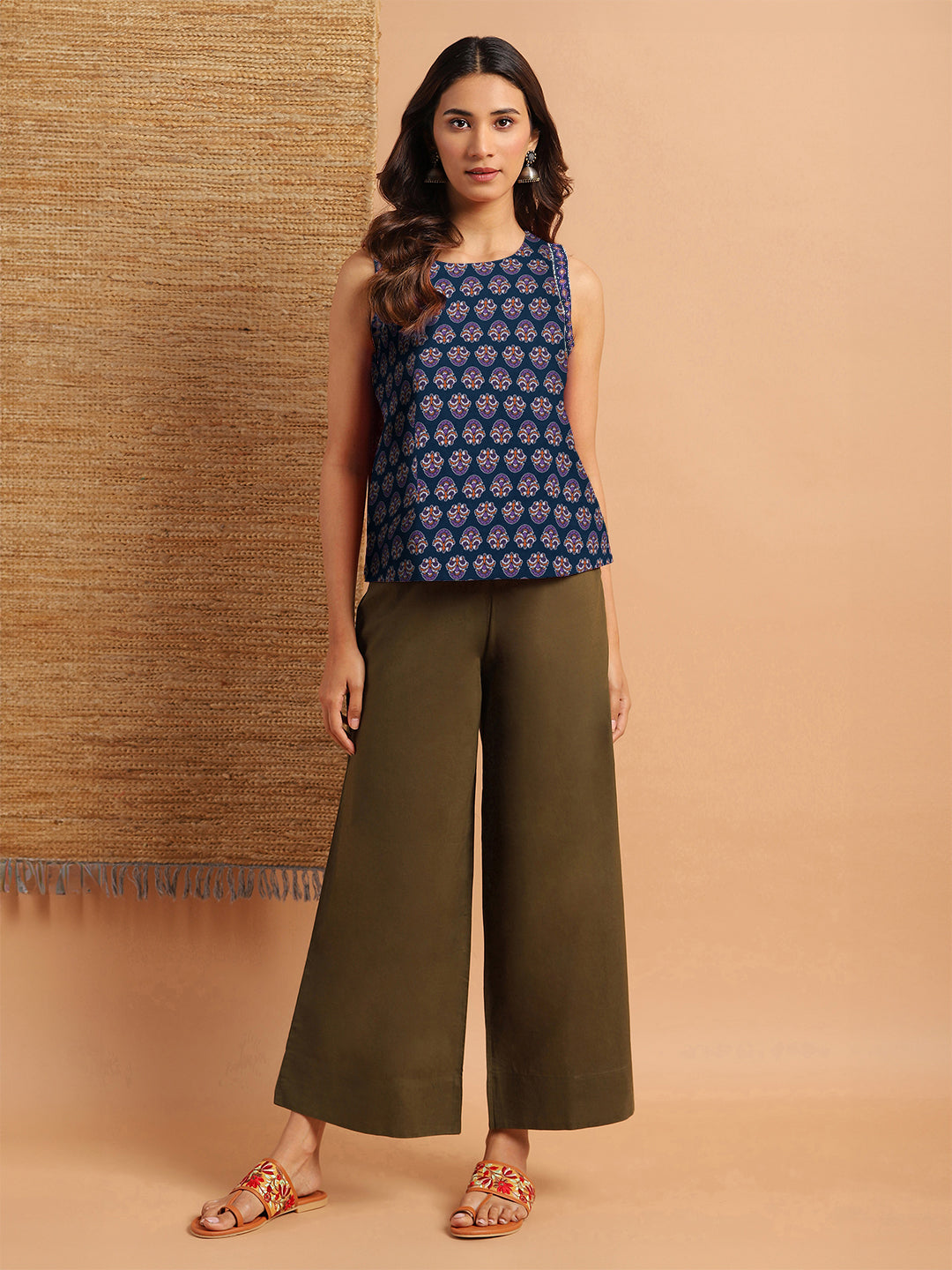 Janasya Dark Cotton Floral Straight Top