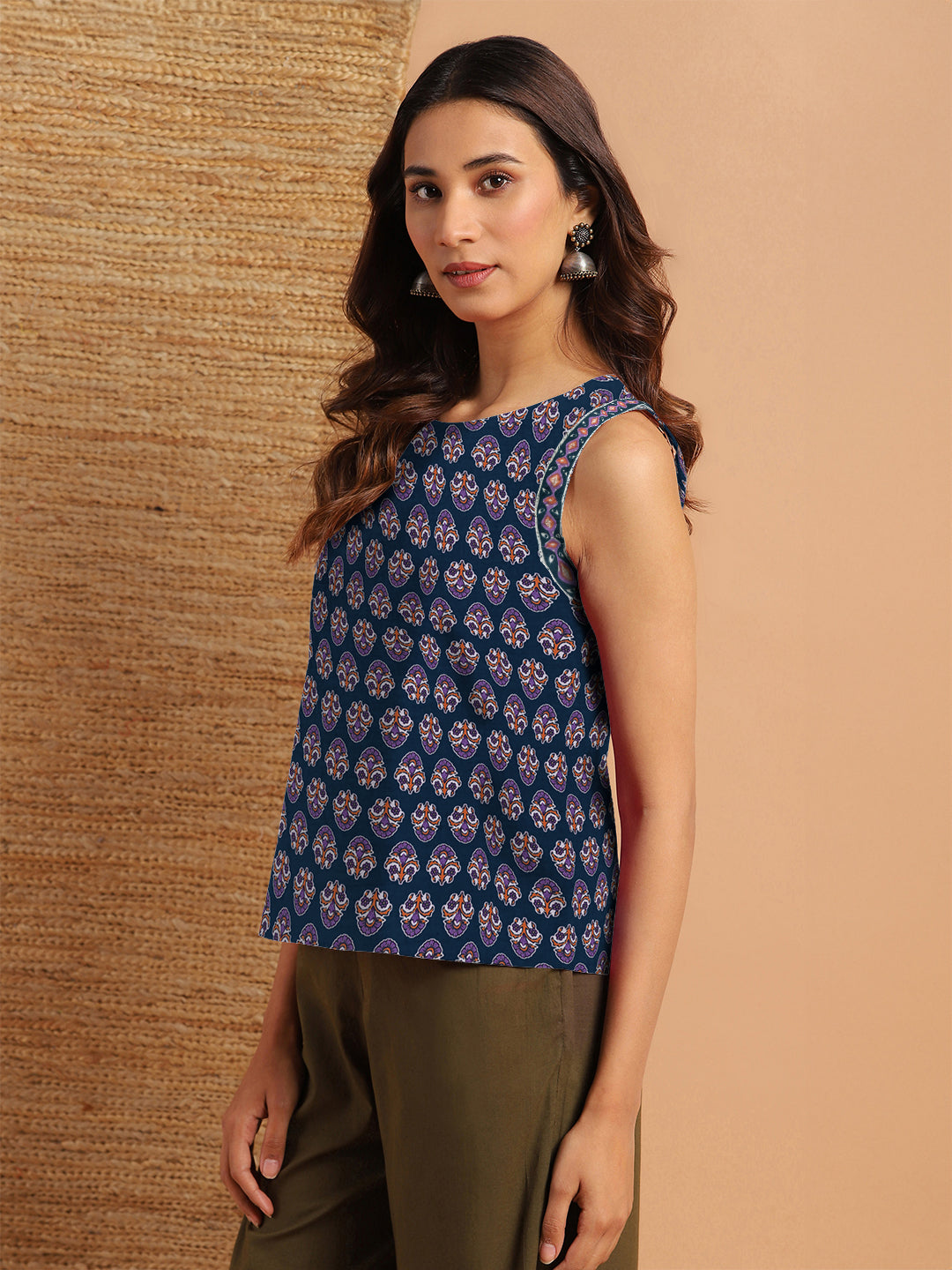 Janasya Dark Cotton Floral Straight Top