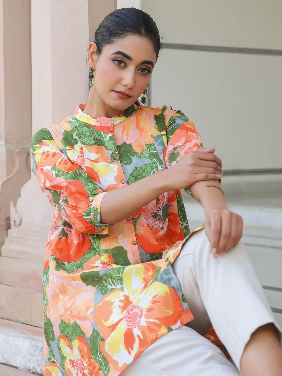 Janasya Bright Cotton Floral A-Line Tunic