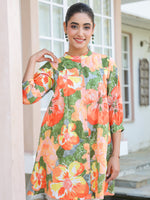 Thumbnail for Janasya Bright Cotton Floral A-Line Tunic
