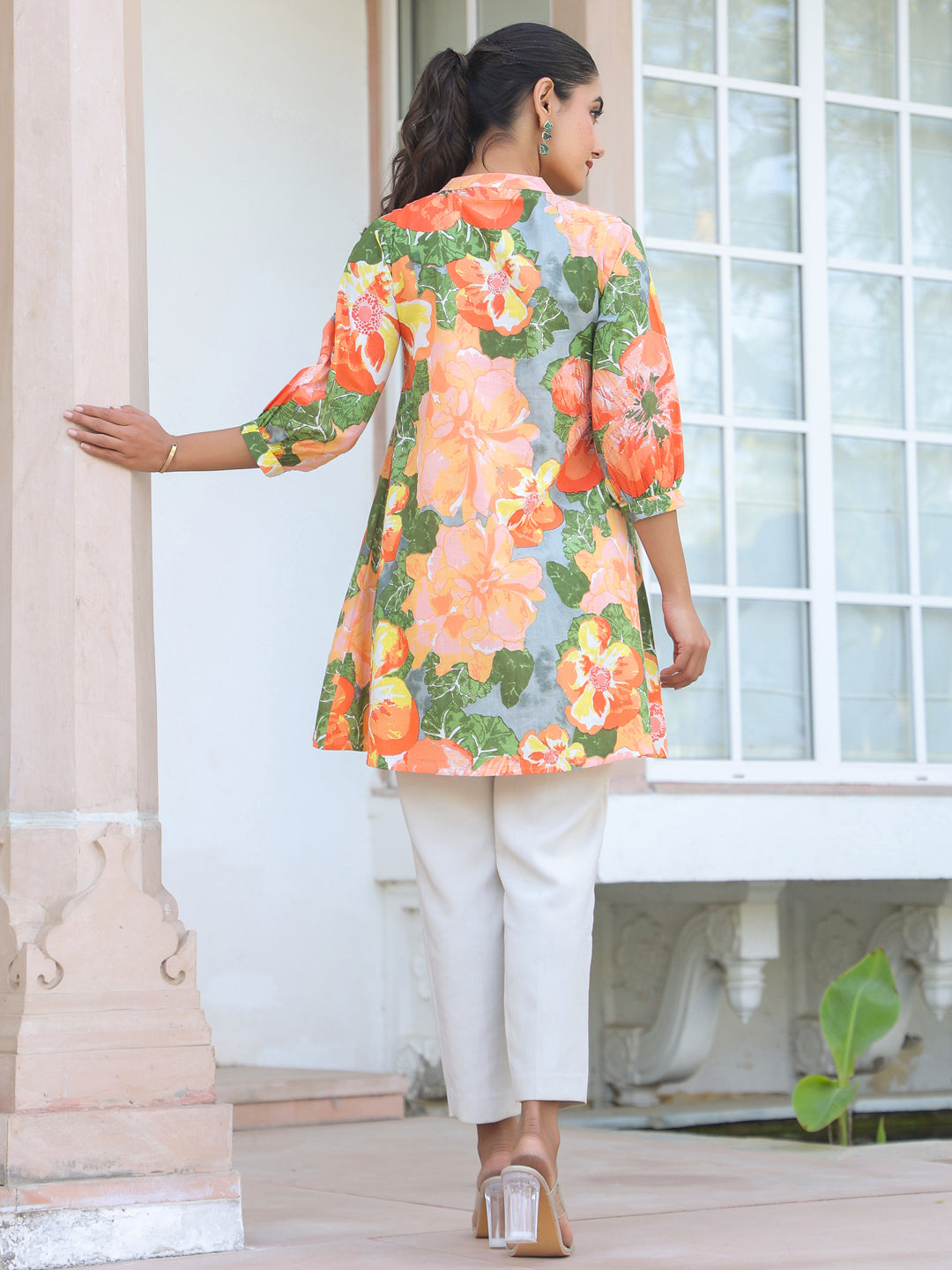 Janasya Bright Cotton Floral A-Line Tunic