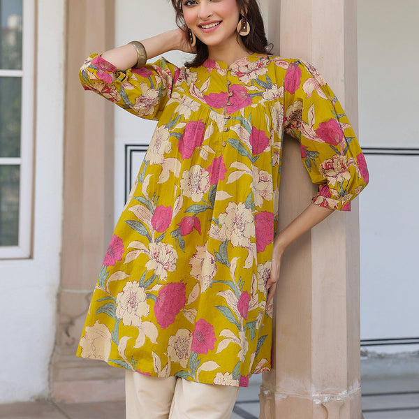 Janasya Bright Cotton Floral A-Line Tunic
