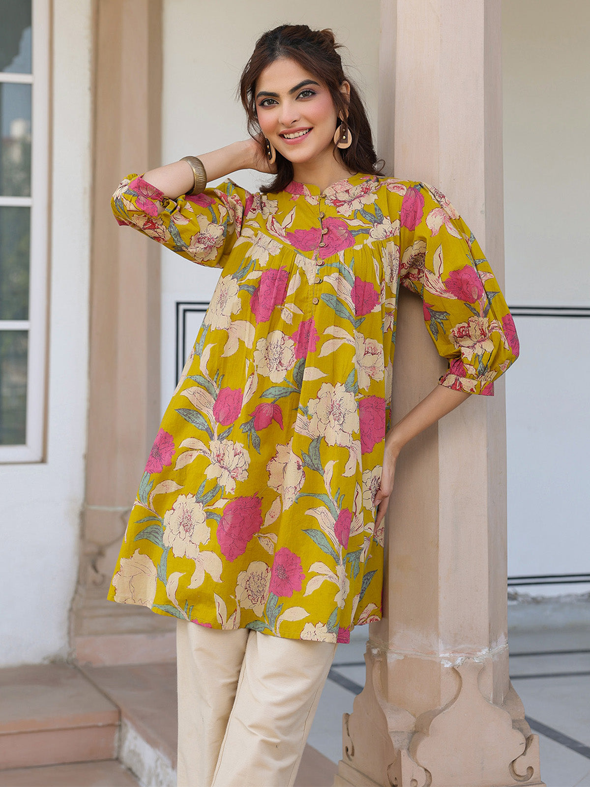 Janasya Bright Cotton Floral A-Line Tunic - Distacart