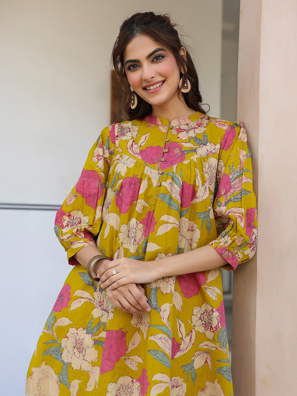 Janasya Bright Cotton Floral A-Line Tunic