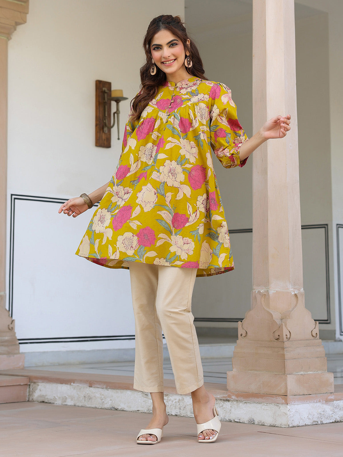 Janasya Bright Cotton Floral A-Line Tunic