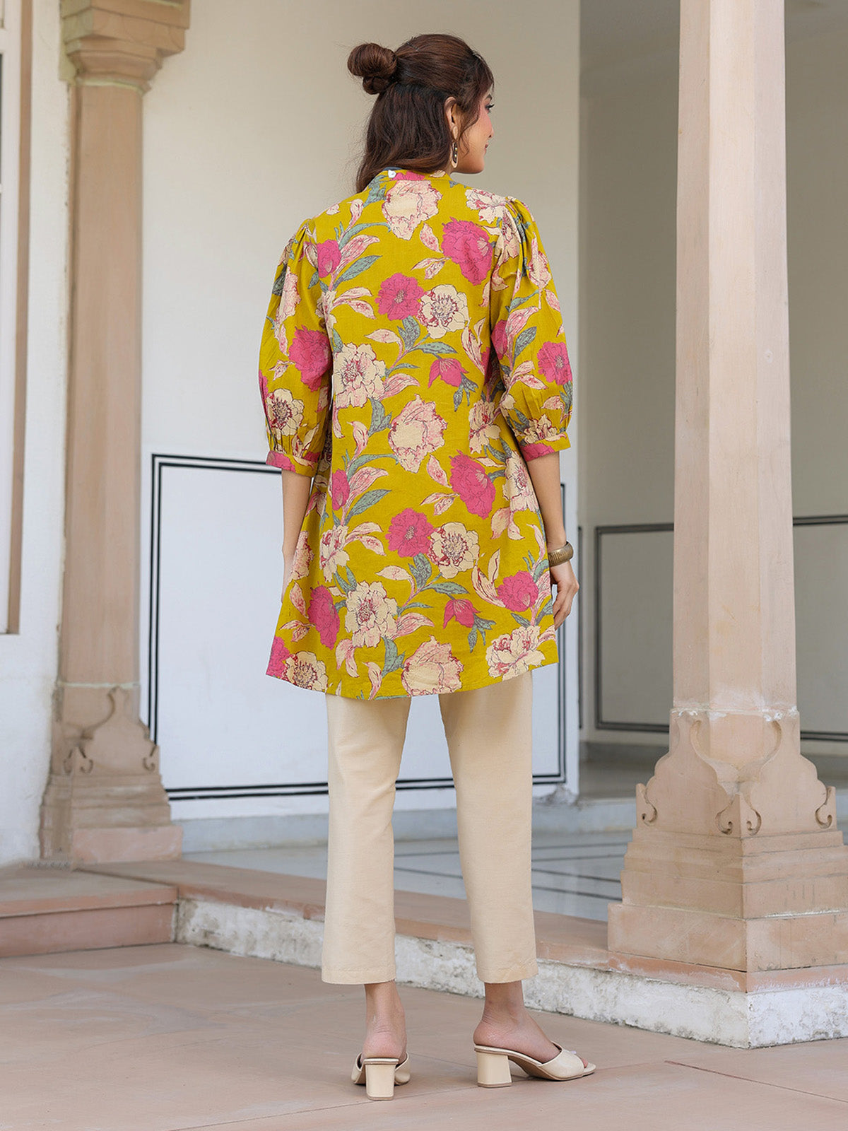 Janasya Bright Cotton Floral A-Line Tunic