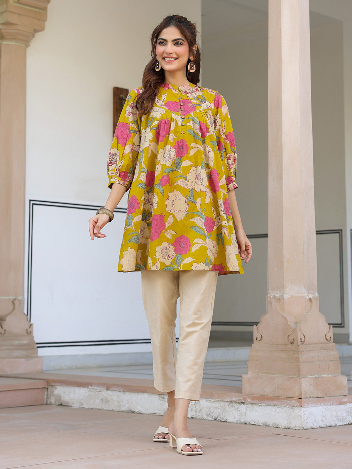 Janasya Bright Cotton Floral A-Line Tunic