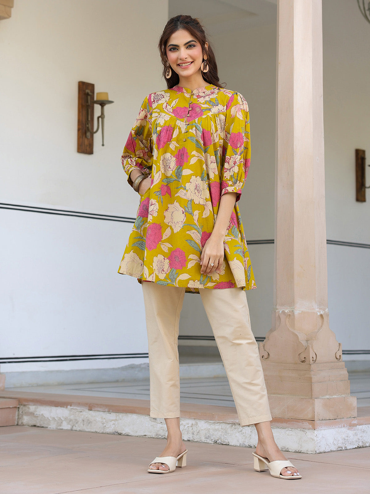 Janasya Bright Cotton Floral A-Line Tunic