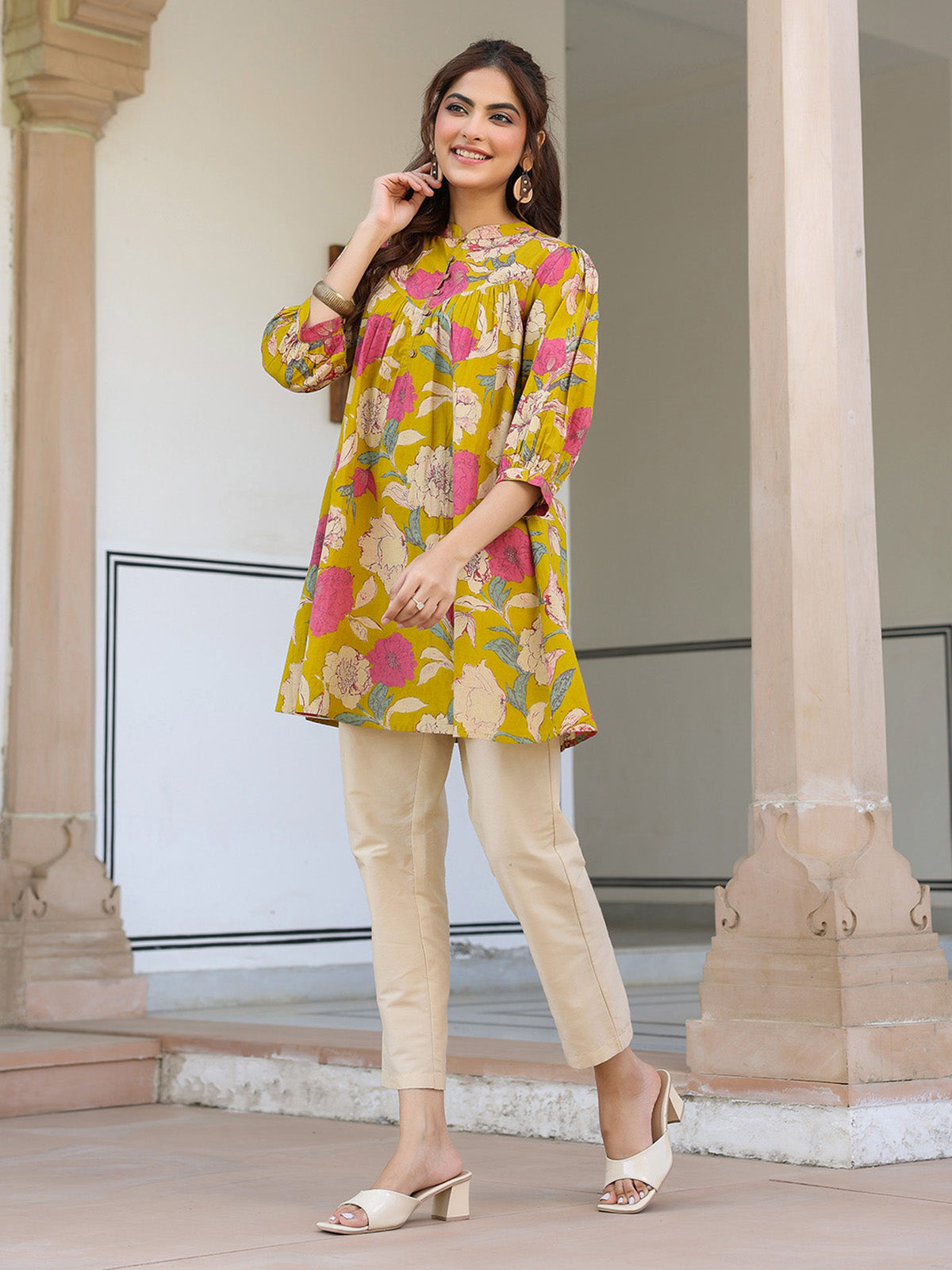 Janasya Bright Cotton Floral A-Line Tunic