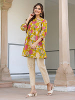 Thumbnail for Janasya Bright Cotton Floral A-Line Tunic