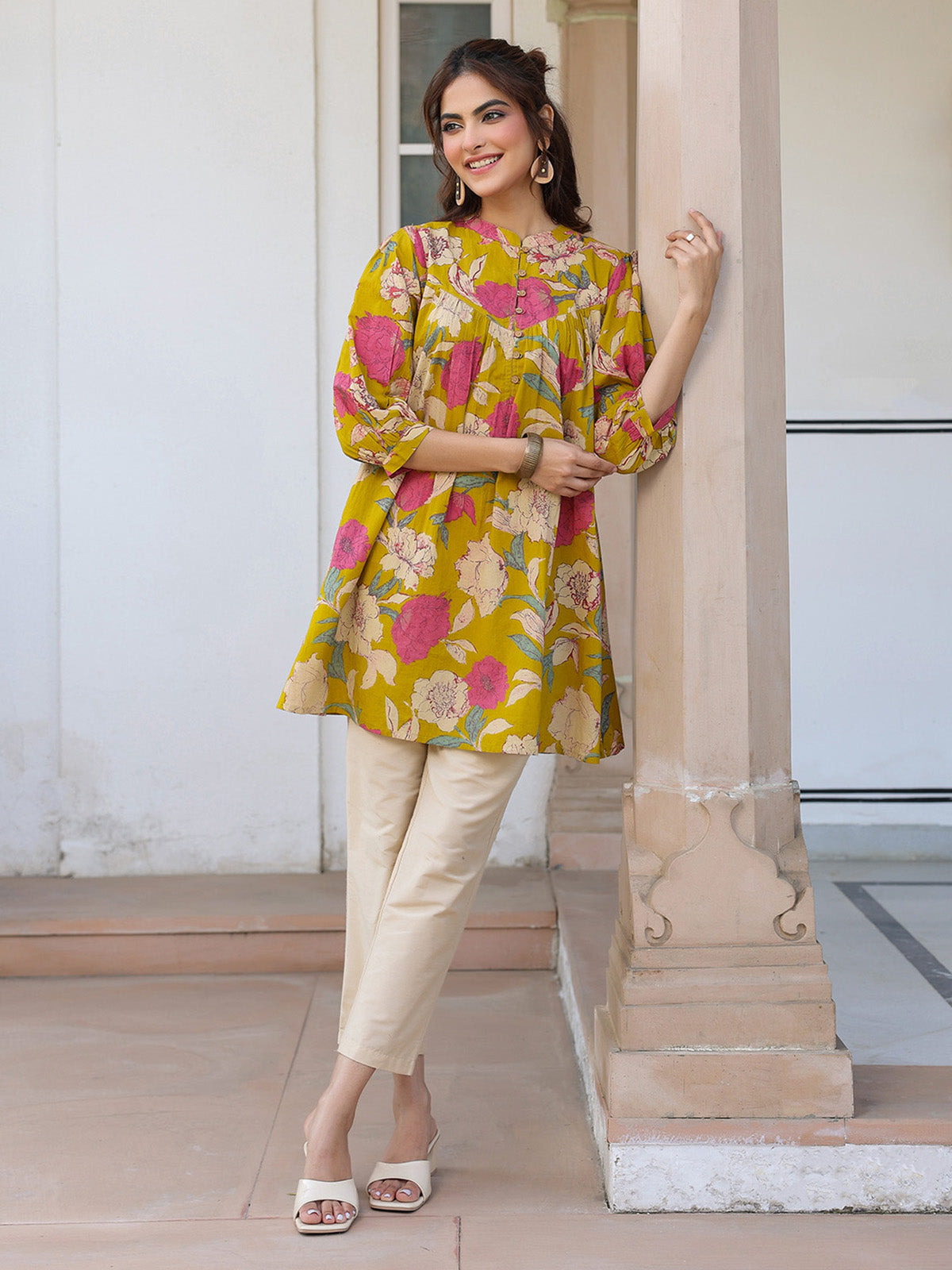 Janasya Bright Cotton Floral A-Line Tunic