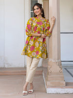 Thumbnail for Janasya Bright Cotton Floral A-Line Tunic