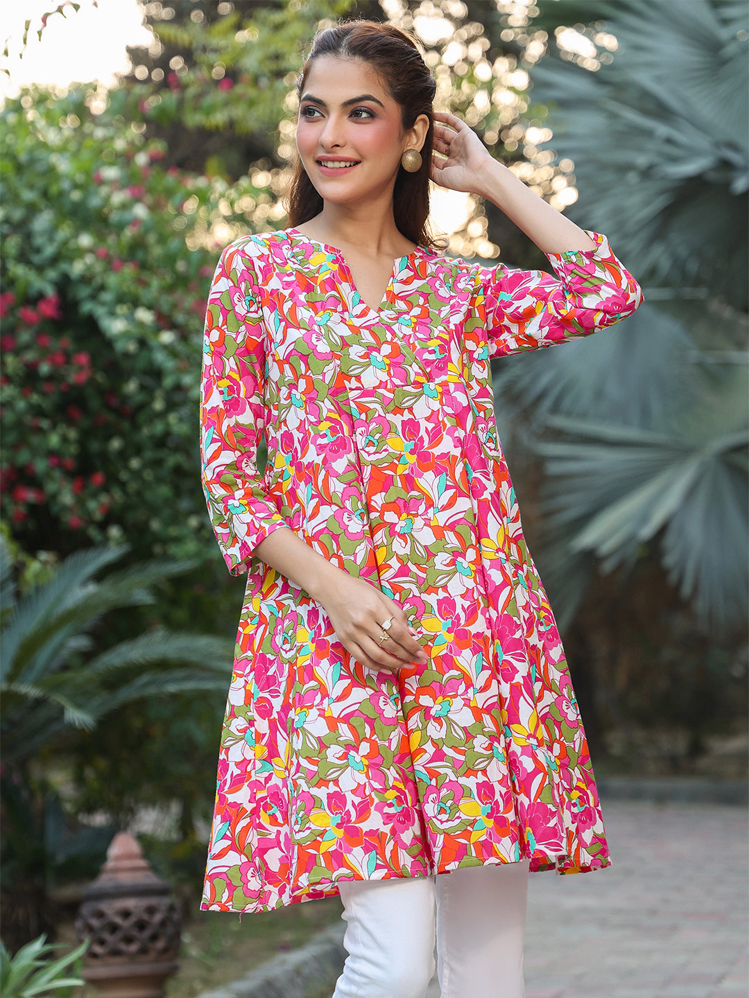 Janasya Bright Cotton Floral A-Line Tunic