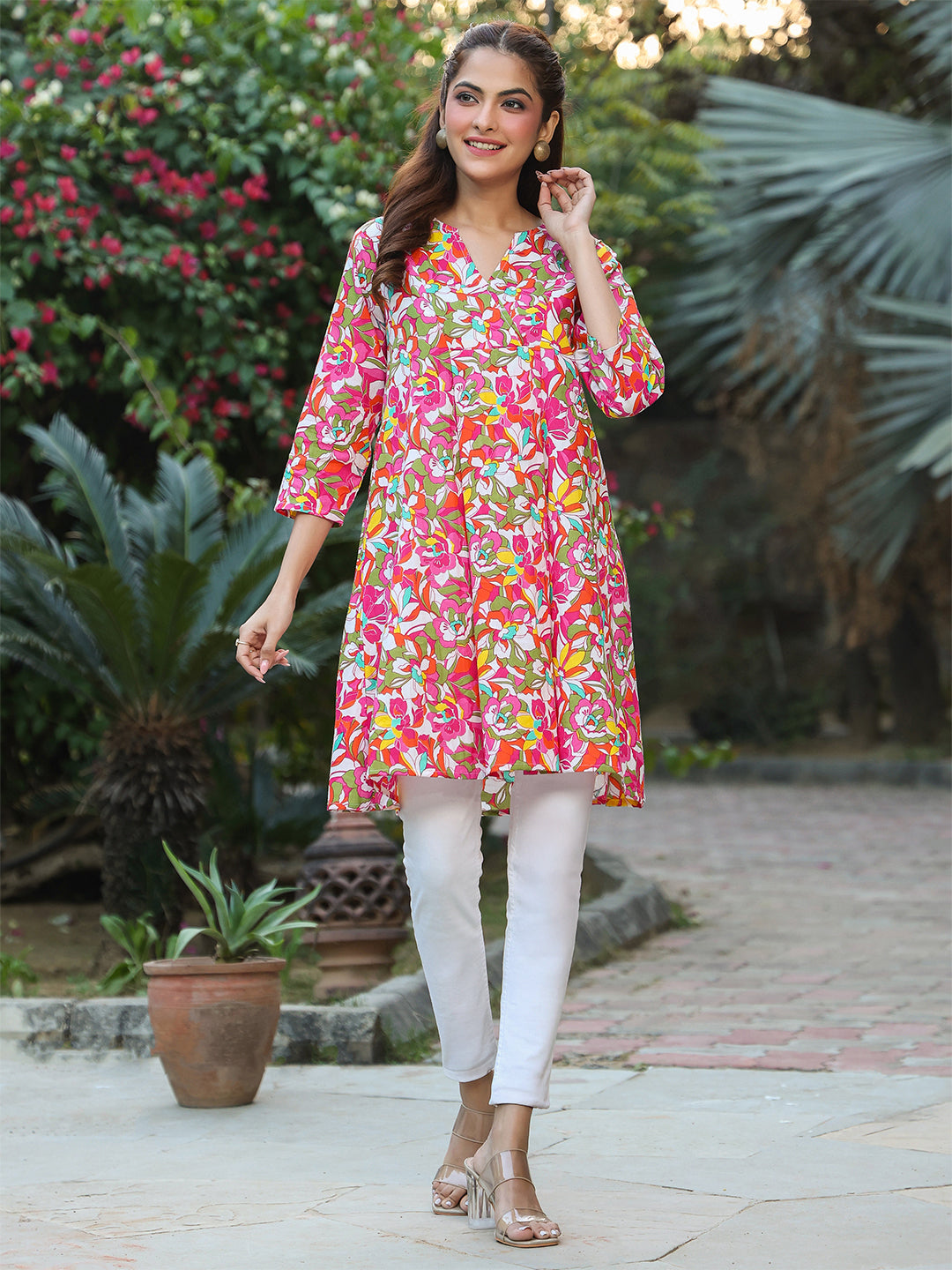 Janasya Bright Cotton Floral A-Line Tunic