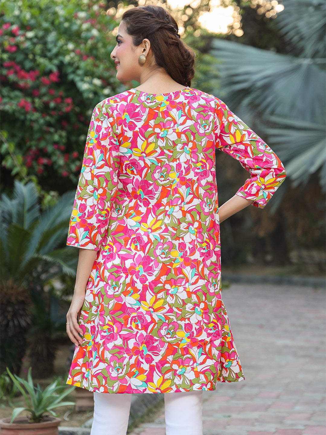 Janasya Bright Cotton Floral A-Line Tunic