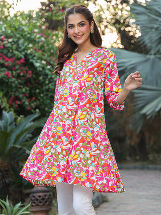 Janasya Bright Cotton Floral A-Line Tunic