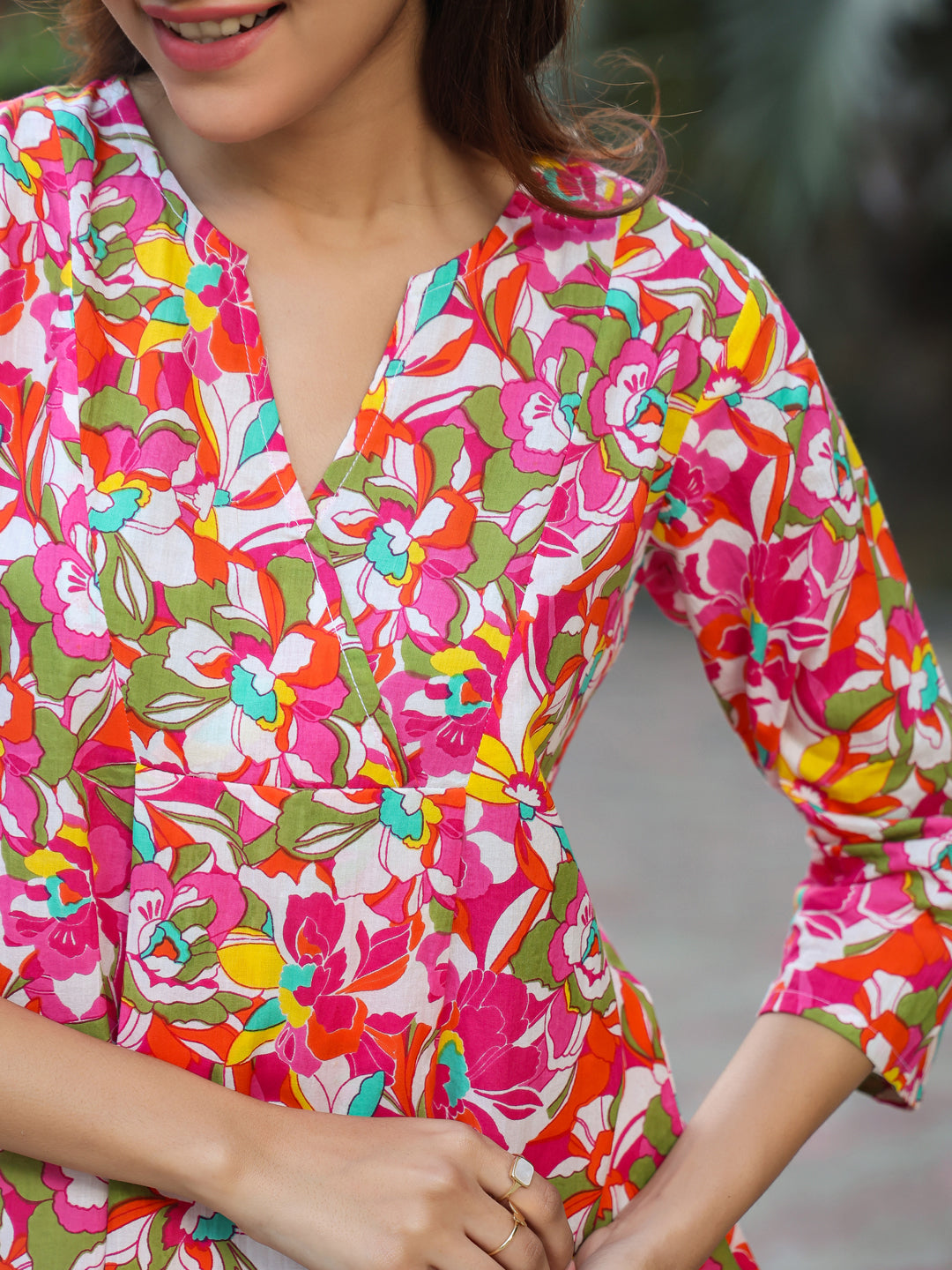 Janasya Bright Cotton Floral A-Line Tunic