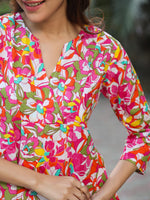 Thumbnail for Janasya Bright Cotton Floral A-Line Tunic