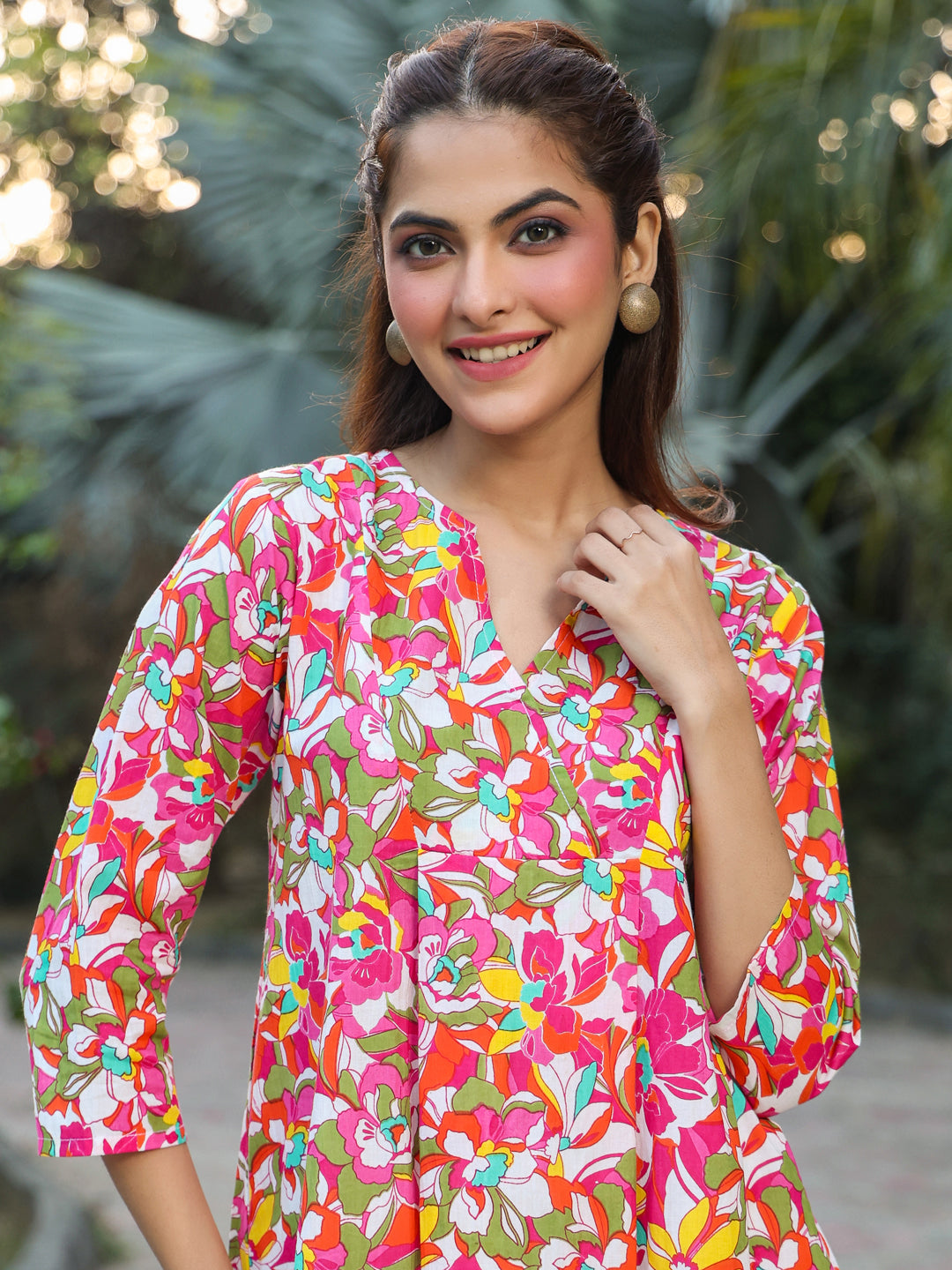 Janasya Bright Cotton Floral A-Line Tunic