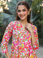 Thumbnail for Janasya Bright Cotton Floral A-Line Tunic
