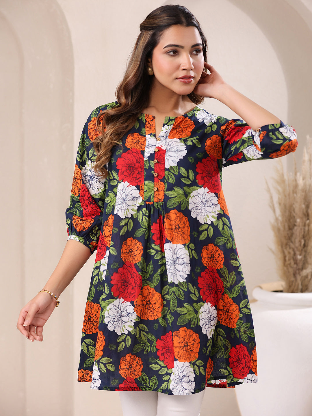 Janasya Bright Cotton Floral A-Line Tunic