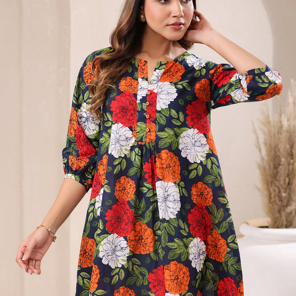Janasya Bright Cotton Floral A-Line Tunic