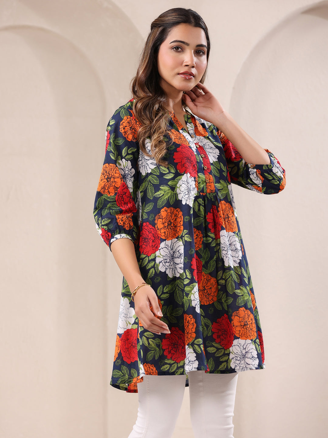 Janasya Bright Cotton Floral A-Line Tunic - Distacart