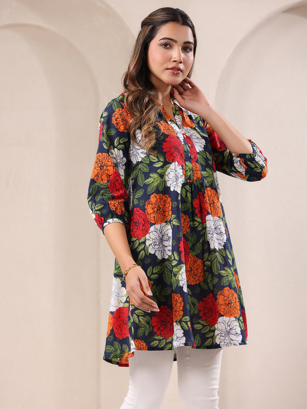 Janasya Bright Cotton Floral A-Line Tunic