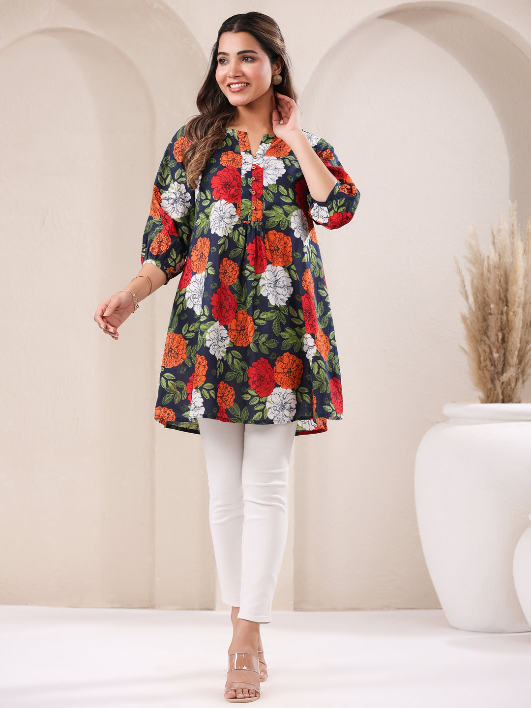 Janasya Bright Cotton Floral A-Line Tunic