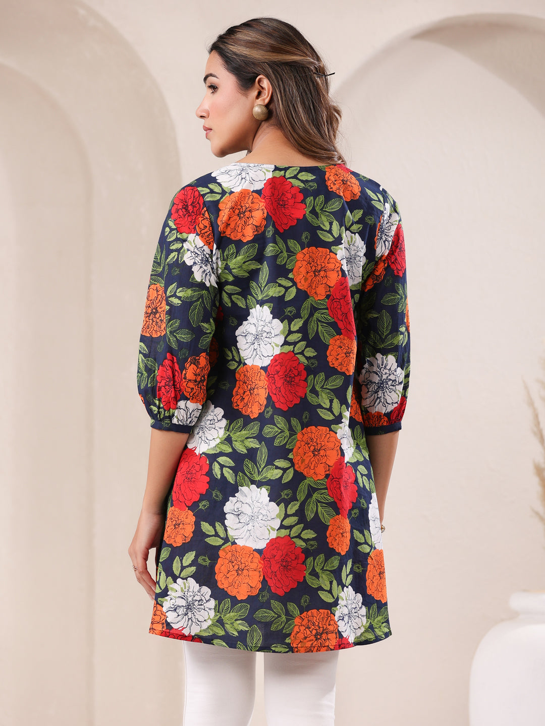 Janasya Bright Cotton Floral A-Line Tunic