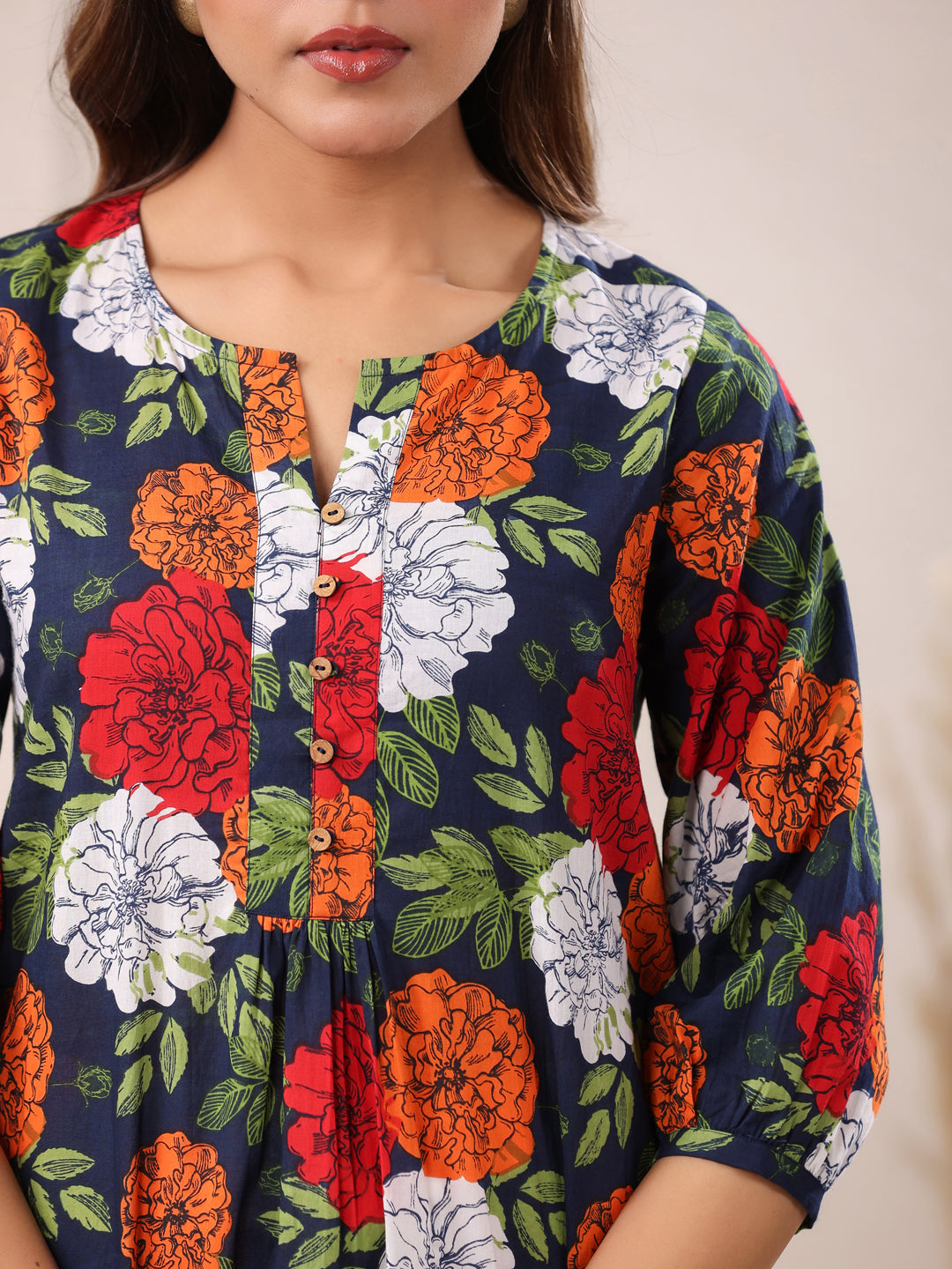 Janasya Bright Cotton Floral A-Line Tunic