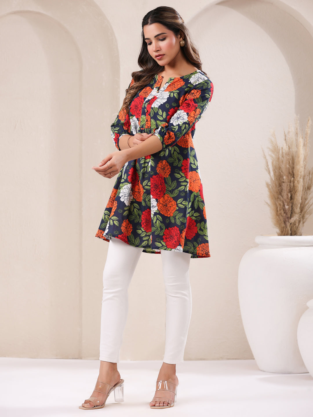 Janasya Bright Cotton Floral A-Line Tunic