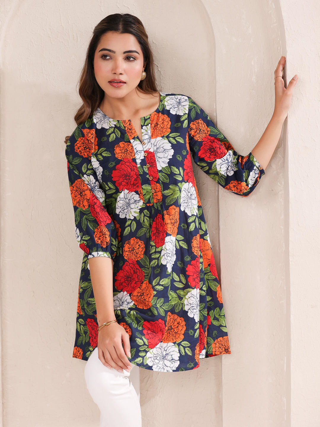 Janasya Bright Cotton Floral A-Line Tunic