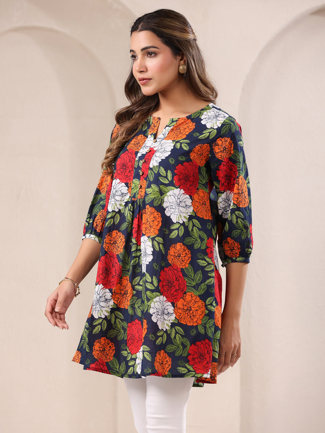 Janasya Bright Cotton Floral A-Line Tunic - Distacart