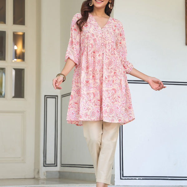 Janasya Light Georgette Floral Gathering Tunic