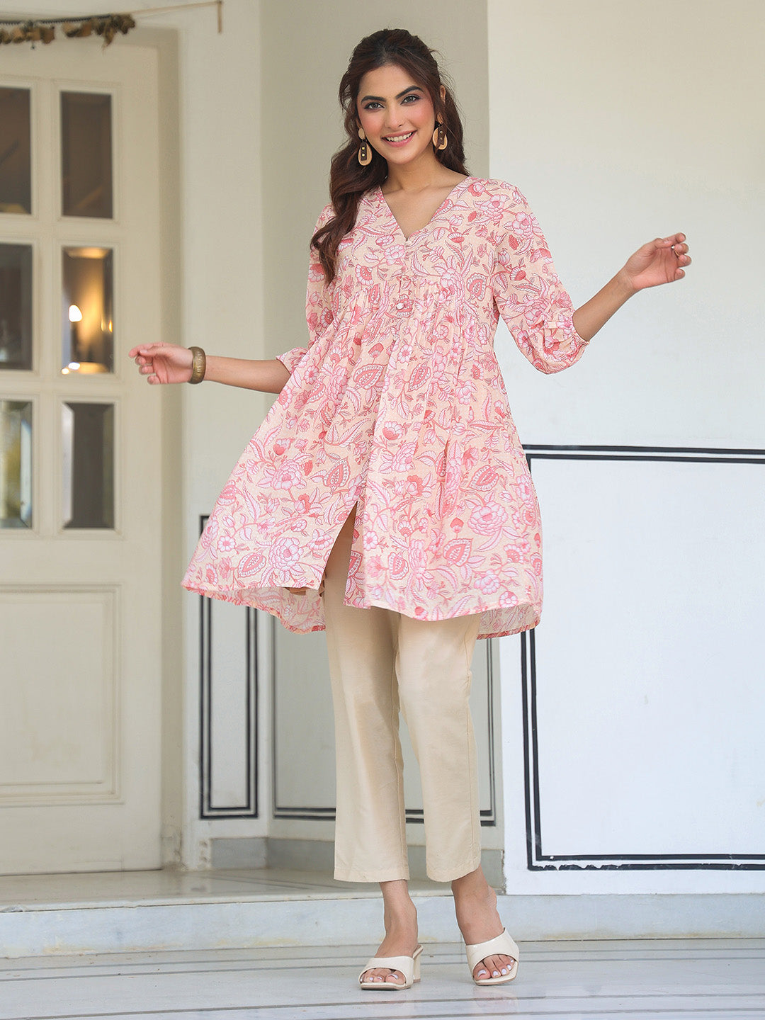 Janasya Light Georgette Floral Gathering Tunic