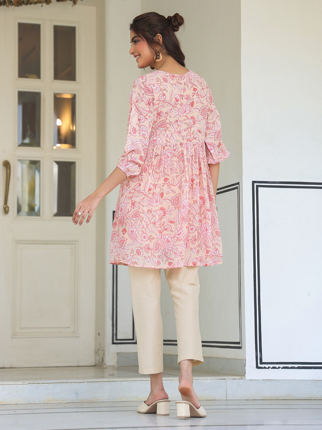 Janasya Light Georgette Floral Gathering Tunic