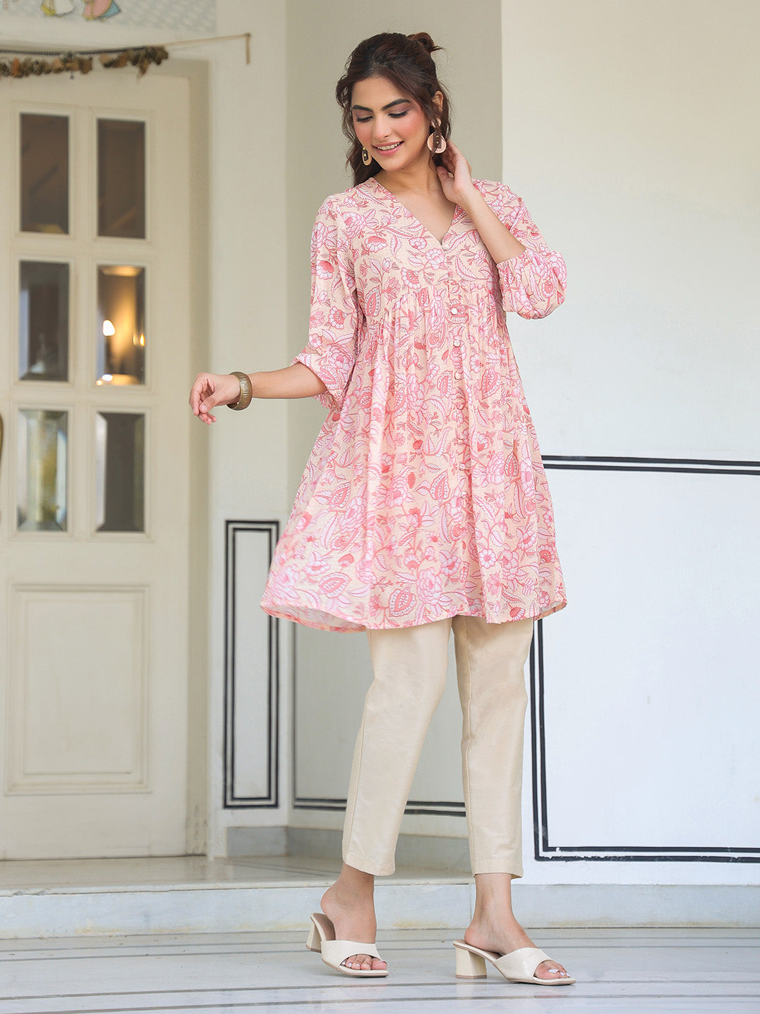 Janasya Light Georgette Floral Gathering Tunic