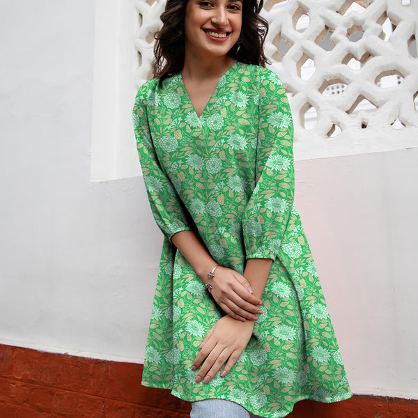 Janasya Dark Georgette Floral A-Line Tunic