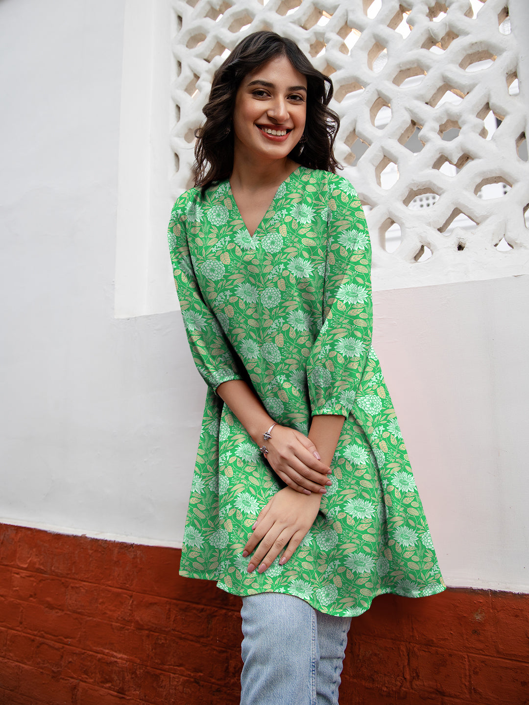 Janasya Dark Georgette Floral A-Line Tunic - Distacart