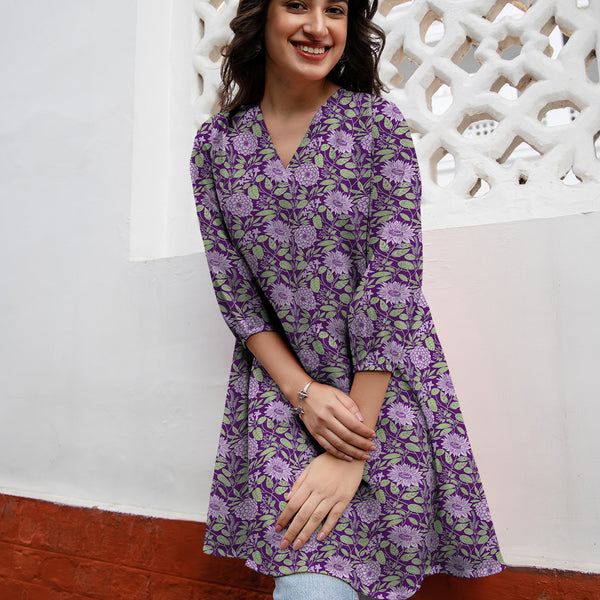 Janasya Dark Georgette Floral A-Line Tunic