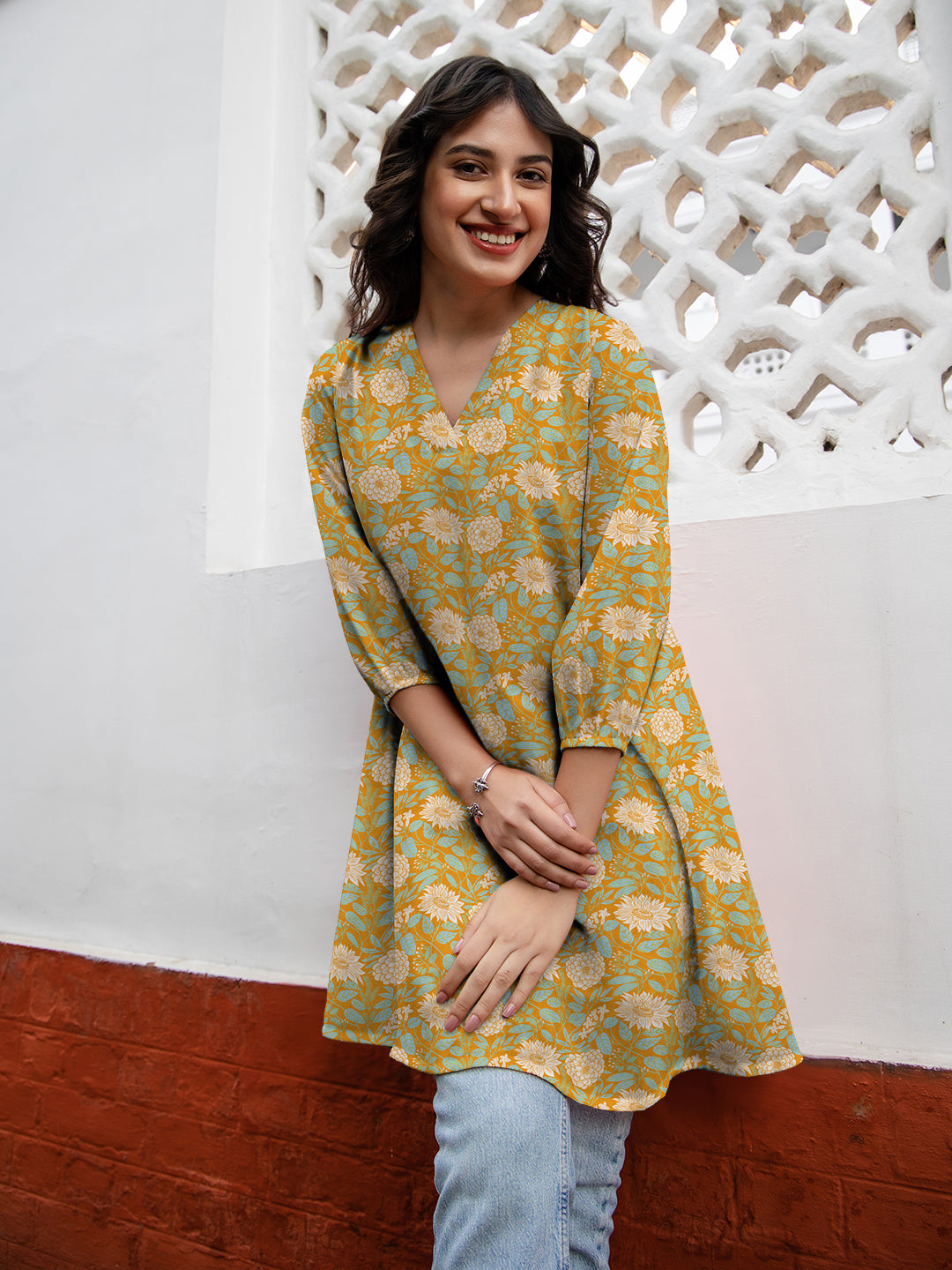 Janasya Dark Georgette Floral A-Line Tunic