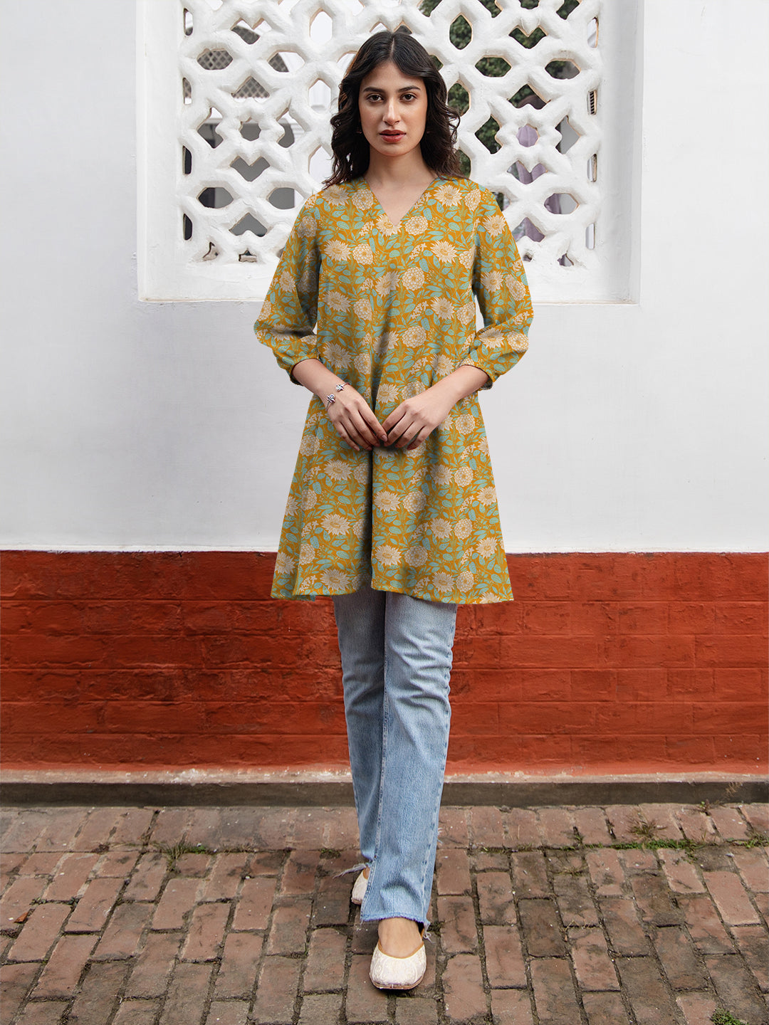 Janasya Dark Georgette Floral A-Line Tunic