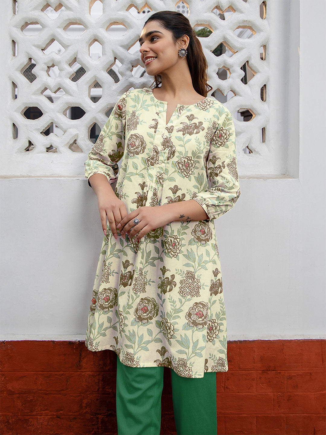 Janasya Light Cotton Floral A-Line Tunic