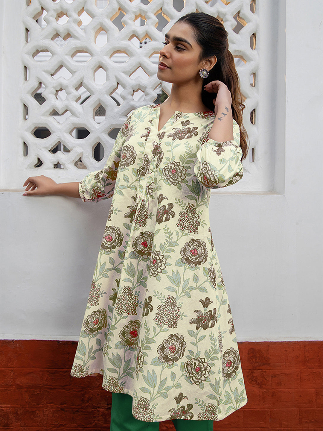 Janasya Light Cotton Floral A-Line Tunic
