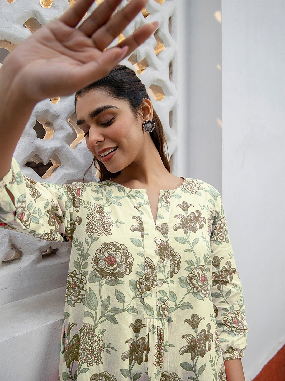 Janasya Light Cotton Floral A-Line Tunic