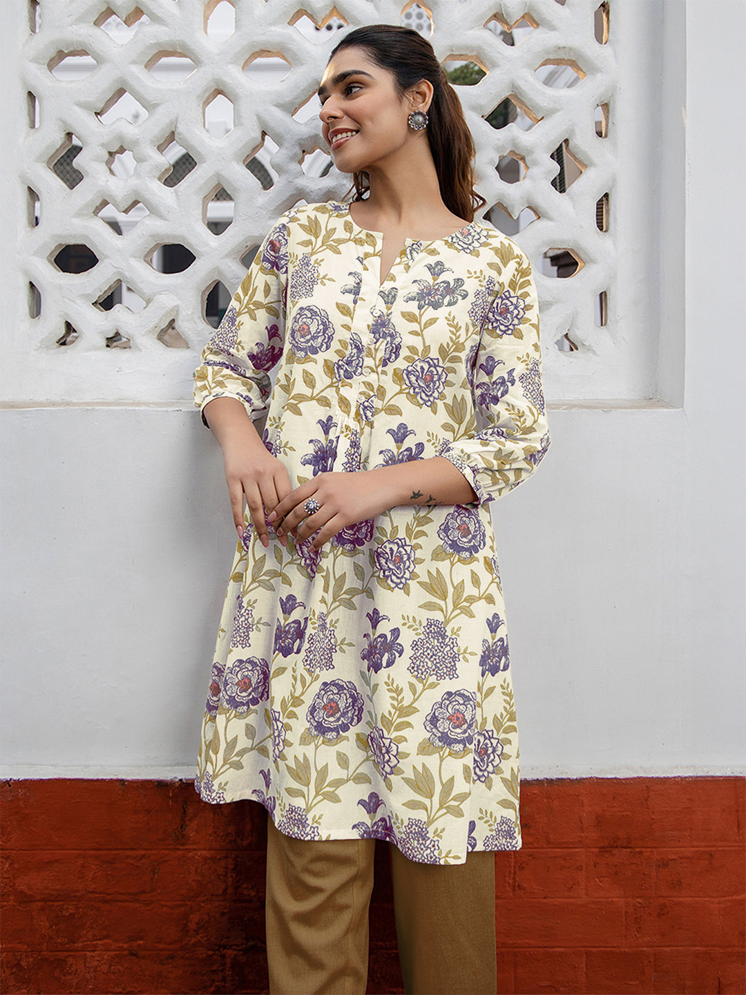 Janasya Light Cotton Floral A-Line Tunic