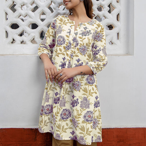 Janasya Light Cotton Floral A-Line Tunic